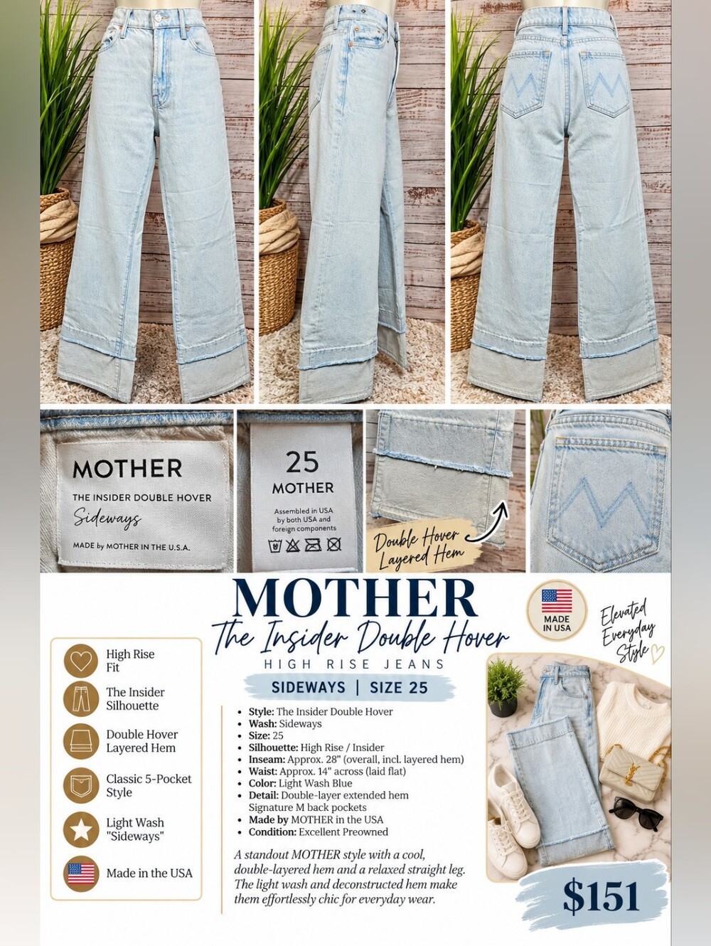 MOTHER The Insider Double Hover High Rise Jeans 25 Sideways Layered Hem